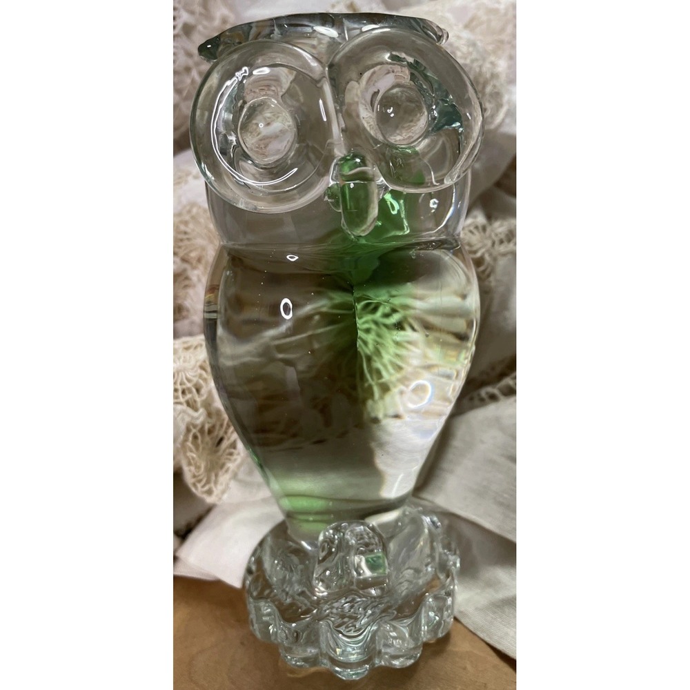 VTG Art Glass Owl Figurine Paper Weight Green Highlight Quirky Heavy